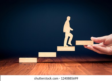 Coach motivate to personal development, success and career growth concept. Version with bigger wooden person. - Shutterstock ID 1240885699
