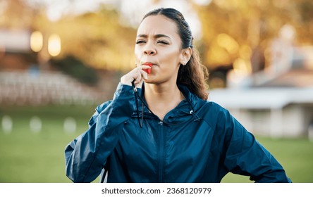 Coach, sports and woman blowing whistle on field for training, planning and challenge for games. Coaching, manager and personal trainer outdoor for exercise, workout schedule and fitness routine - Powered by Shutterstock