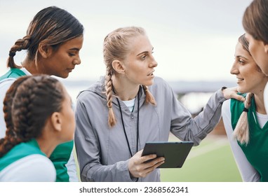 Coach, sports women or team planning tactics or strategy in a hockey training game, conversation or match. Tablet, talking or athletes in practice for fitness exercise together for teamwork in group - Powered by Shutterstock