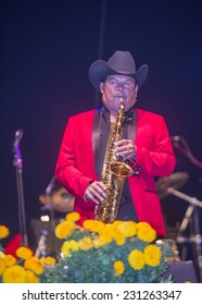 COACHELLA , CALIFORNIA - NOV 01 : Los Rieleros Del Norte Band Member Perform Live On Stage At The Dia De Los Muertos Celebration In Coachella , California On November 01 2014