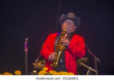 COACHELLA , CALIFORNIA - NOV 01 : Los Rieleros Del Norte Band Member Perform Live On Stage At The Dia De Los Muertos Celebration In Coachella , California On November 01 2014