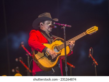 COACHELLA , CALIFORNIA - NOV 01 : Los Rieleros Del Norte Band Member Perform Live On Stage At The Dia De Los Muertos Celebration In Coachella , California On November 01 2014