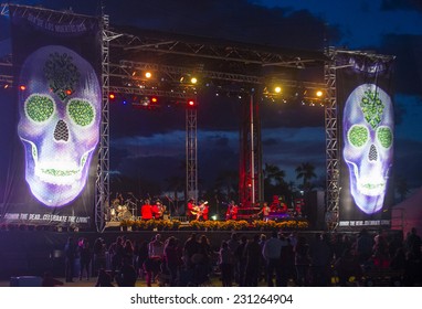 COACHELLA , CALIFORNIA - NOV 01 : Los Rieleros Del Norte Band Perform Live On Stage At The Dia De Los Muertos Celebration In Coachella , California On November 01 2014