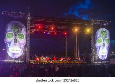 COACHELLA , CALIFORNIA - NOV 01 : Los Rieleros Del Norte Band Perform Live On Stage At The Dia De Los Muertos Celebration In Coachella , California On November 01 2014