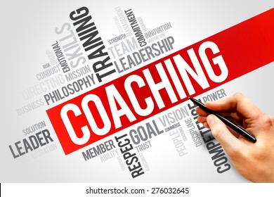 Coaching - form of development in which an experienced person supports a learner in achieving a specific personal or professional goal, word cloud concept background