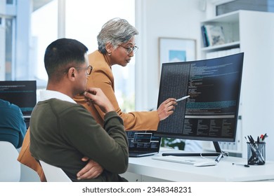 Coaching, mentor and programmer with business people and computer for coding, developer or information technology. Meeting, code review and feedback with employees in digital agency for cybersecurity