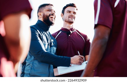 Coaching, rugby or happy man writing with a strategy, planning or training progress with a game formation. Leadership, mission or funny guy with sports men or athlete group for fitness or team goals - Powered by Shutterstock