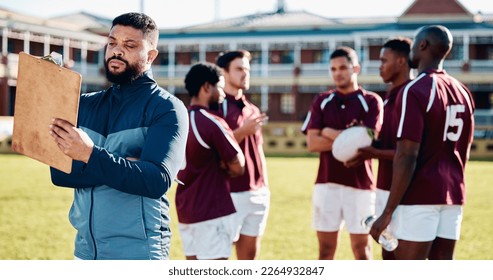 Coaching, rugby or man writing with a strategy, planning or training progress with a game field formation. Leadership, mission or manager with sports men or athlete group for fitness or team goals - Powered by Shutterstock