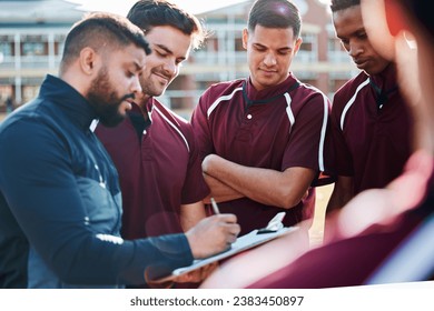 Coaching, rugby team or people with field strategy, checklist and training progress, teamwork and planning game. Leadership man talking to sports men or athlete group for workout or competition goals - Powered by Shutterstock