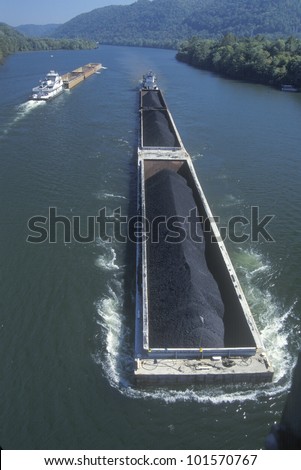 Coal barges on Kanawha River in Charleston, West Virginia