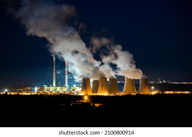 Coal Fired Power Station And Combined Cycle Power Plant At Night, Pocerady, Czech Republic