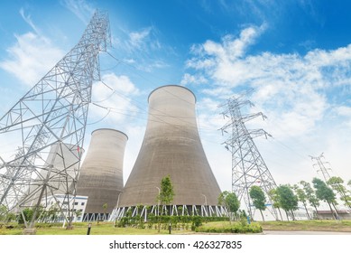 Coal Fired Power Station With Cooling Towers Releasing Steam Int