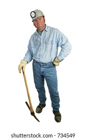 A Coal Miner Leaning On His Pickax.  Isolated - Full View