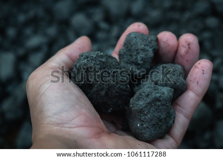 Coal miner in the man hands of coal background. Industrial coals. Volcanic rock.