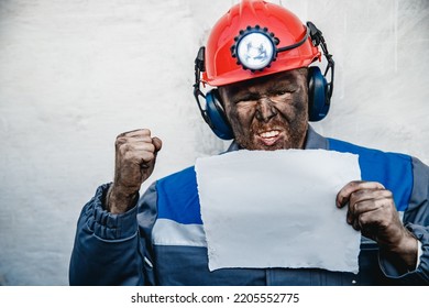 Coal Miner Man Worker Holding Banner Defend Rights, Salary Increase. Strike Concept.