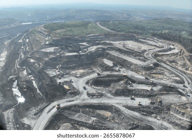 Coal mining process, Open pit coal mine, Several excavators are loading materials