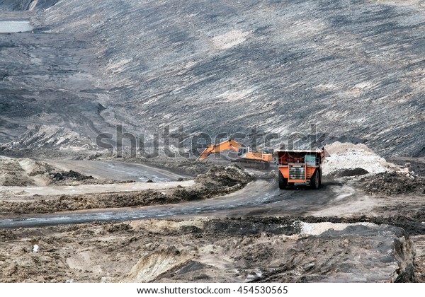 Coal\
mining. The truck transporting coal,\
Thailand.