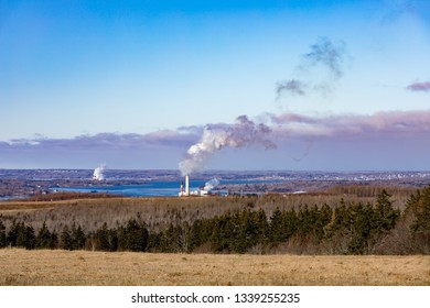 Coal Power Plant And Paper Mill In Pictou County Winter Landscape, Nova Scotia, NS, Canada