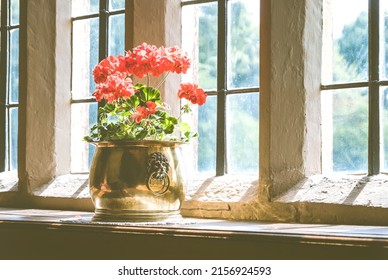 A coal scuttle being innovatively used as a flower vase at Canons Ashby National Trust - Shutterstock ID 2156924593