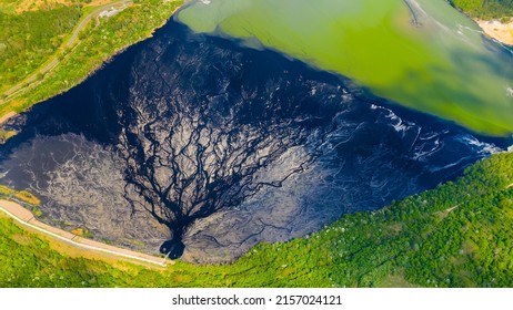 Coal sludge pond Venuse. Landscape damaged by coal mining. Aerial view of fossil fuels produced in the Czech Republic.
