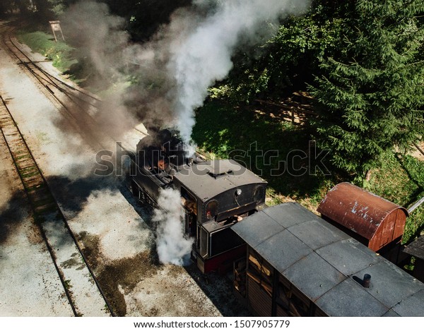Coal and wood burning\
steam locomotive of Mocanita, popular tourist attraction in\
Maramures, Romania
