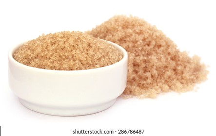 Coarse Crystals Of Brown Sugar In A White Bowl