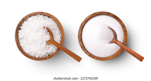 Coarse and fine natural sea salt in wooden bowl isolated on white background, top view, flat lay.