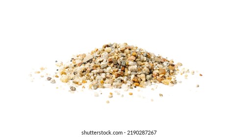 Coarse Sand Isolated. Water Filter Fine Gravel, Grit Sand For Pool Filtration, Small Rock Texture On White Background