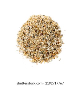 Coarse Sand Isolated. Water Filter Fine Gravel, Grit Sand For Pool Filtration, Small Rock Texture On White Background Top View