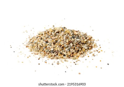 Coarse Sand Isolated. Water Filter Fine Gravel, Grit Sand For Pool Filtration, Small Rock Texture On White Background