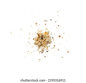 Coarse Sand Isolated. Water Filter Fine Gravel, Grit Sand For Pool Filtration, Small Rock Texture On White Background Top View