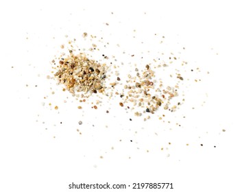 Coarse Sand Isolated. Water Filter Fine Gravel, Grit Sand For Pool Filtration, Small Rock Texture On White Background Top View