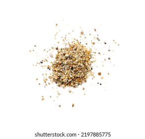 Coarse Sand Isolated. Water Filter Fine Gravel, Grit Sand For Pool Filtration, Small Rock Texture On White Background Top View