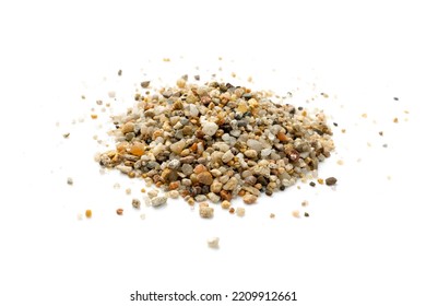 Coarse Sand Isolated. Water Filter Fine Gravel, Grit Sand For Pool Filtration, Small Rock Texture On White Background