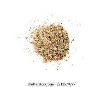 Coarse Sand Isolated. Water Filter Fine Gravel, Grit Sand For Pool Filtration, Small Rock Texture On White Background Top View