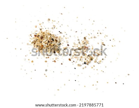 Coarse sand isolated. Water filter fine gravel, grit sand for pool filtration, small rock texture on white background top view