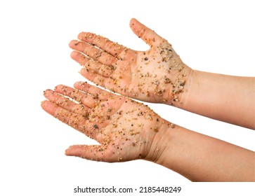 Coarse Sand On Hands Isolated. Water Filter Fine Gravel Handful, Grit Sand For Pool Filtration, Small Rock Texture On White Background