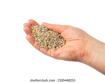 Coarse Sand On Hands Isolated. Water Filter Fine Gravel Handful, Grit Sand For Pool Filtration, Small Rock Texture On White Background