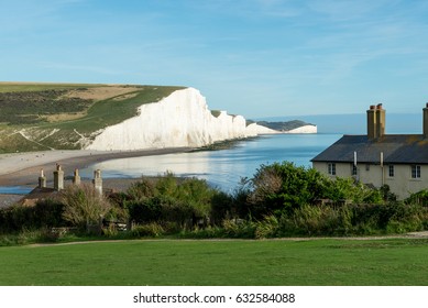 The Coast Guard Cottages & Seven Sisters Chalk Cliffs Just Outside Eastbourne, Sussex, England, UK