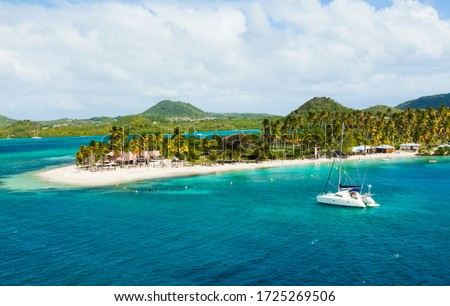 The coast of the island of Martinique in the Caribbean. Yachts, palm trees, beaches and turquoise water. Paradise island of Martinique.