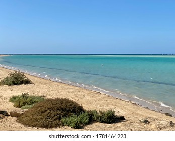 Coast Of Jeddah In Saudi Arabia. Clear Blue Red Sea. Some Nature On The Coast. Different Colours Of Water. Transparent Flat Sea. 