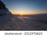 Coast of lake Baikal in winter, the deepest and largest freshwater lake by volume in the world, located in southern Siberia, Russia