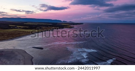 Coast on East Coast of Atlantic Ocean. Aerial Nature Background. Sunrise Sky. Newfoundland, Canada.