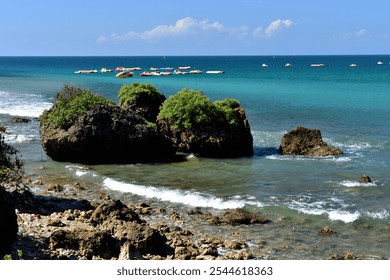 Coast rocky landscape and canoe airboat - Powered by Shutterstock