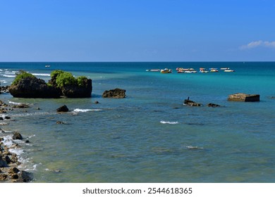 Coast rocky landscape and canoe airboat - Powered by Shutterstock