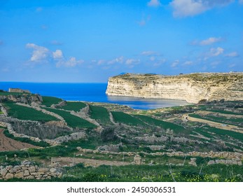 Coastal area of Gozo, Malta Islands.  Cliffs. Aerial view of Sanap cliffs. Gozo island, Malta. Farmland with cliff in the background - Powered by Shutterstock