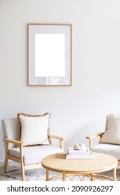 Coastal Home Decor Mockup Blank White Wall, Framed White Wall With Armchairs, Coastal Photo Mockup Styling Coastal Hamptons Home Lounge Room Oak Frame