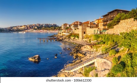 Coastal landscape banner, panorama - embankment with fortress wall in the city of Sozopol on the Black Sea coast in Bulgaria