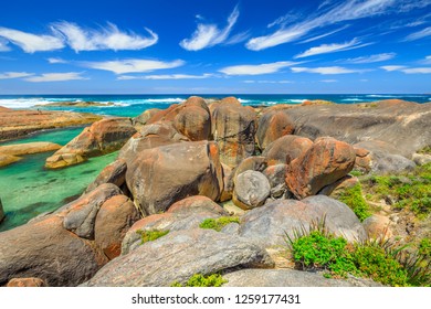 Coastal Landscape Of Great Southern Ocean. The Rock Boulders Formation Along Popular Elephant Rocks Walk From Greens Pool To Elephant Cove Beach In William Bay NP, WA. Aerial View From Promontory.