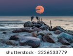 Coastal landscape with moonrise above horizon of the Baltic Sea